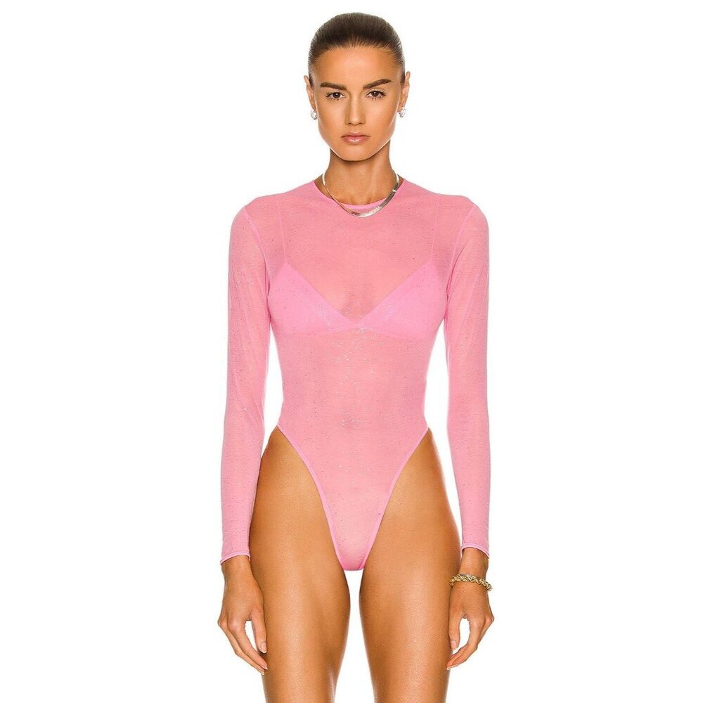 Alex Perry Sheer Pink Long-Sleeve High-Cut Bodysuit